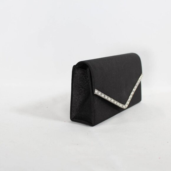 New Black Sateen Evening Clutch Bag with Rhinestone Detailing and Silver Chain - Picture 2 of 7